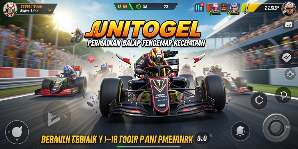 Screenshot gameplay JONITOGEL menampilkan balapan seru dengan mobil yang cepat.