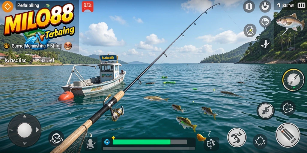 Tampilan gameplay <strong>MILO88</strong> dengan berbagai ikan dan lokasi memancing yang indah.
