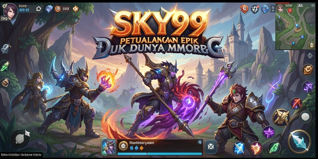 Screenshot gameplay SKY99 menampilkan pertarungan epik di dunia MMORPG.